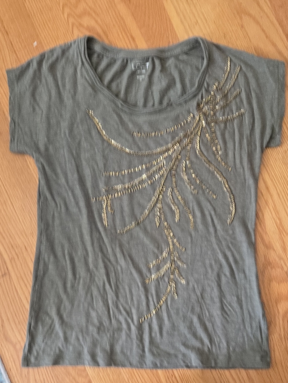 LOFT Olive Green Short Sleeve Tee with Gold Embellishments